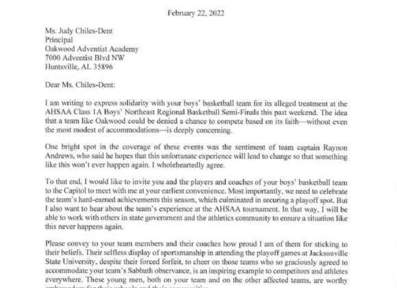 Alabama Governor Ivey Writes Letter to Oakwood Adventist Academy Team